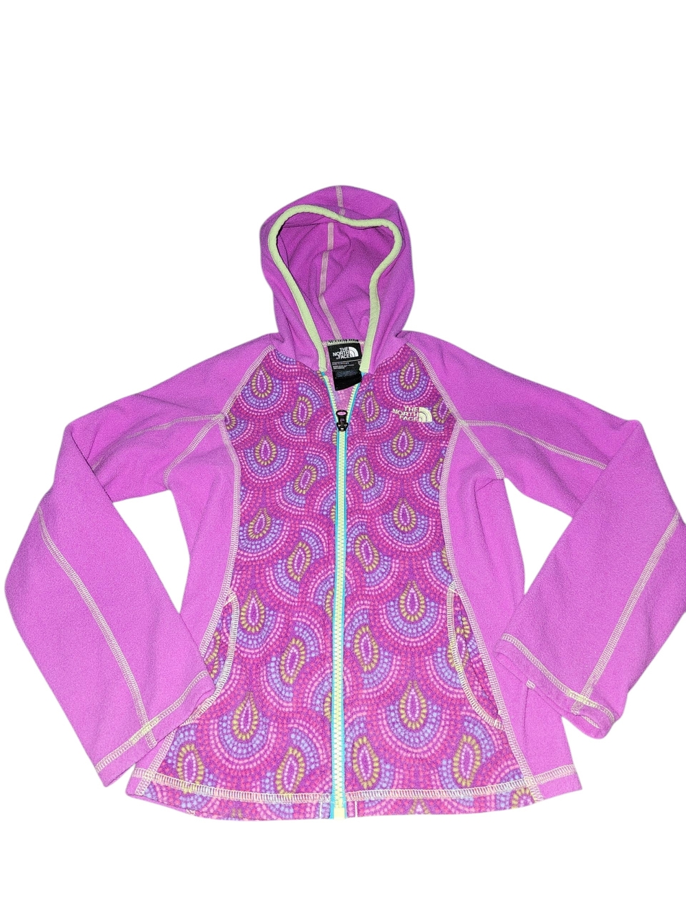 The North Face Girls XS 6 Pink Hooded Fleece Jacket Patterned Front hoodie